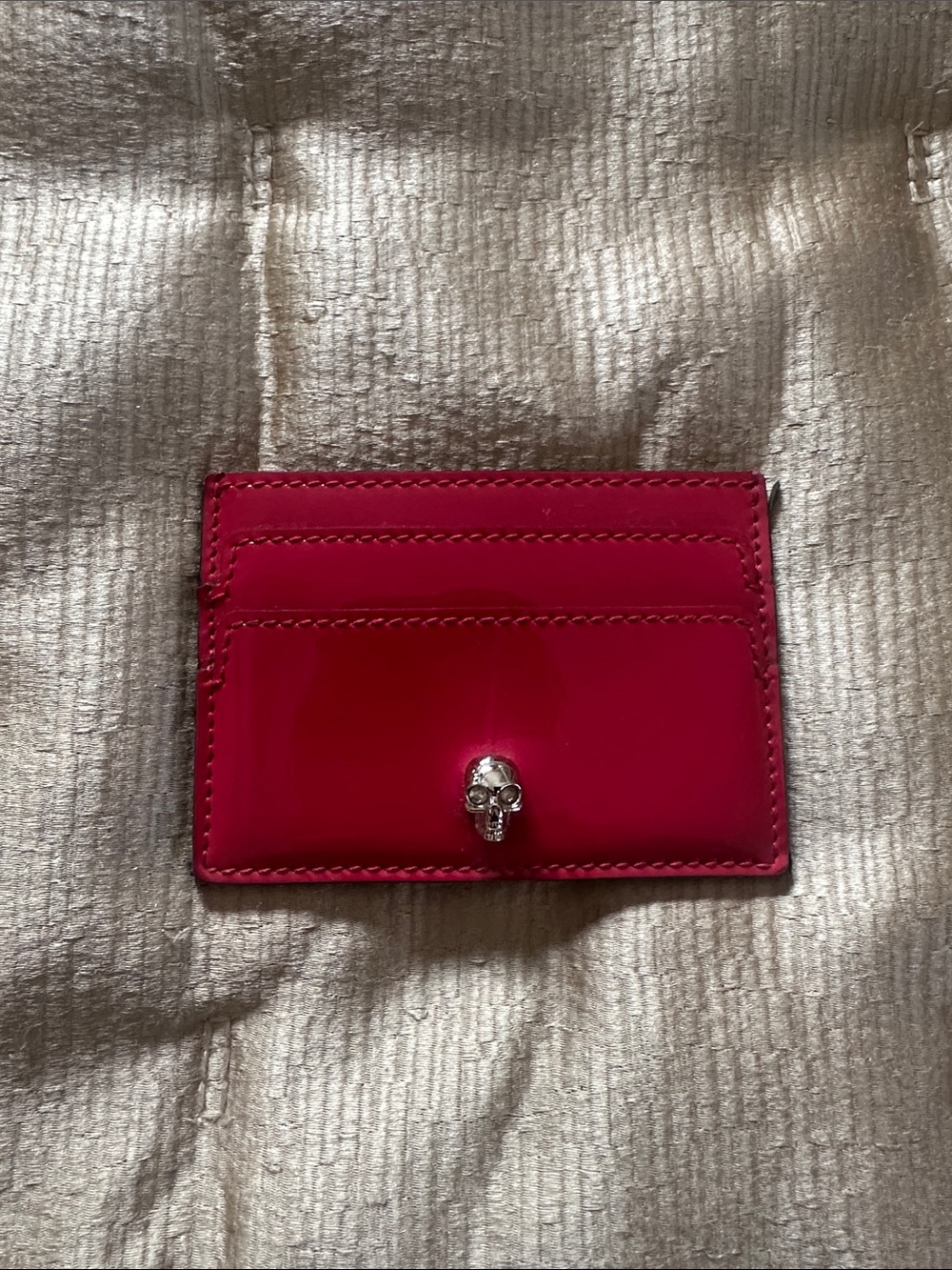 Alexander McQueen Hot Pink Patent Card Holder with Silver Skull